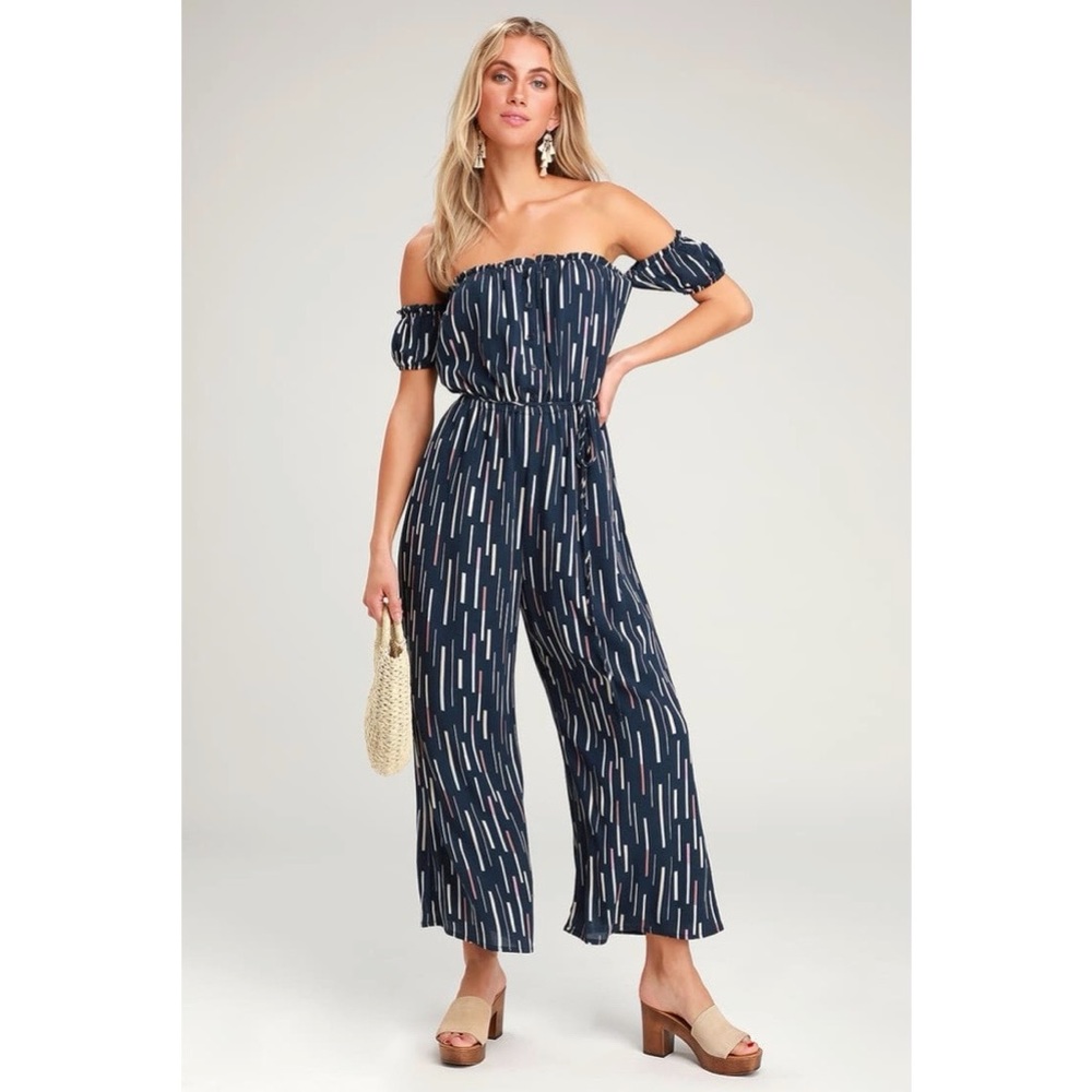 LuLus Navy Blue Multi Print Off-the-Shoulder Jumpsuit